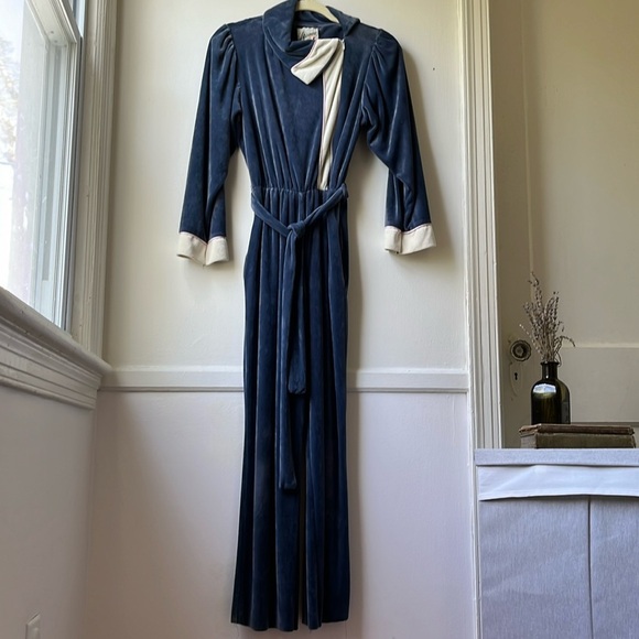 Vintage Pants - Vintage 70s 80s Velour Asymmetric Collar Belted Elastic Waist Jumpsuit